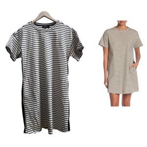 Theory Cream Blue Relaxed Fit Striped Combo Pocket Shift Shirt Dress Size Medium